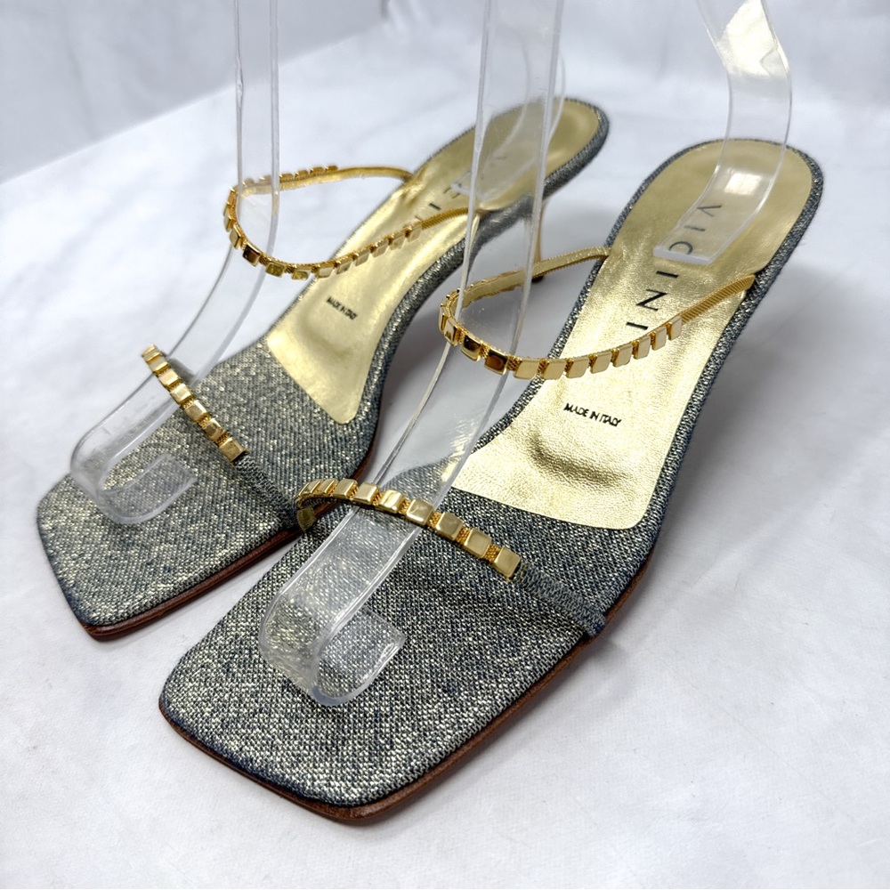 NEW Vicini by Giuseppe Zanotti Glitter Denim Low Kitten Heel Mule Sandal Gold 40 - Picture 7 of 16